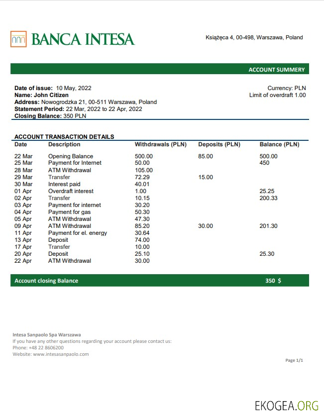 Relevé bancaire de la Banca Intesa en Pologne